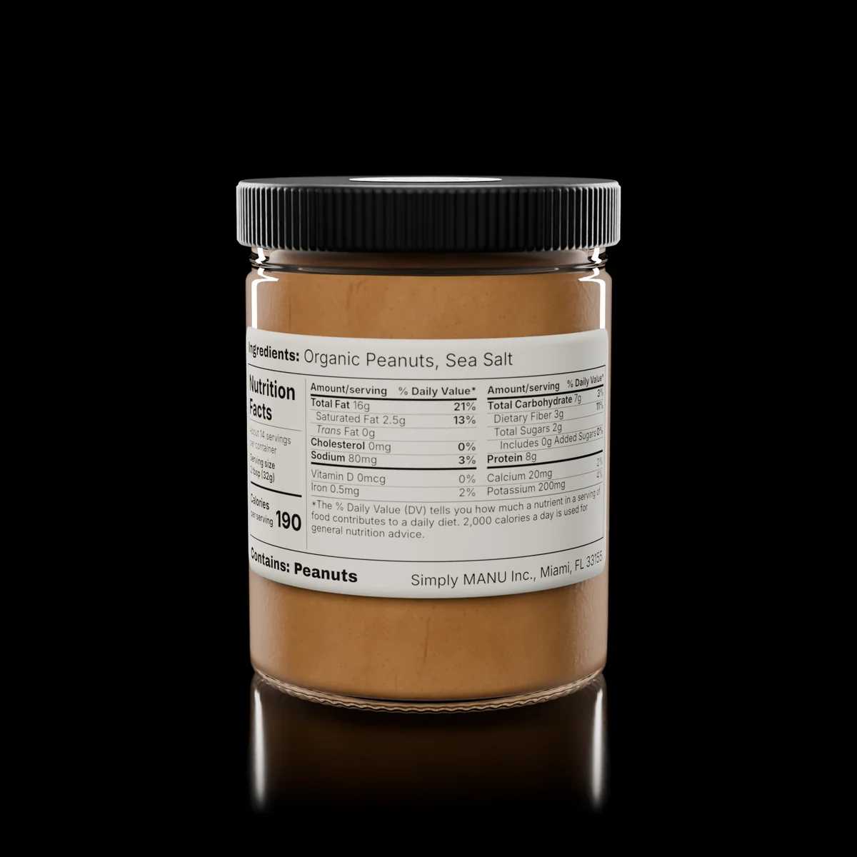 The back label of a MANU jar, listing organic peanuts and sea salt, the nutrition facts and Contains: Peanuts.